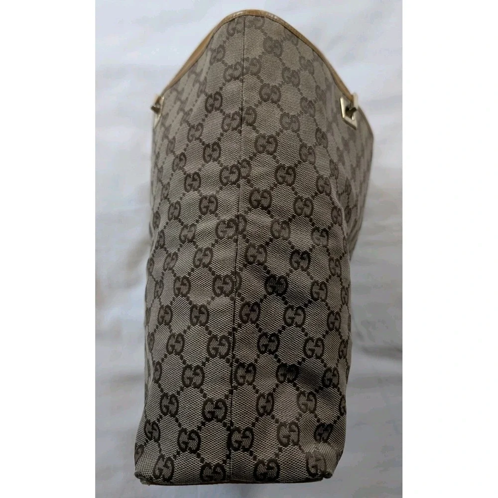 Vintage Gucci GG Canvas Tote Bag Brown Leather Trim Shoulder Handbag Italy